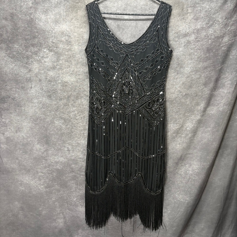 Fundaisy Black Sequin Beaded Flapper Dress XL Great Gatsby Fringe Art Deco 1920s